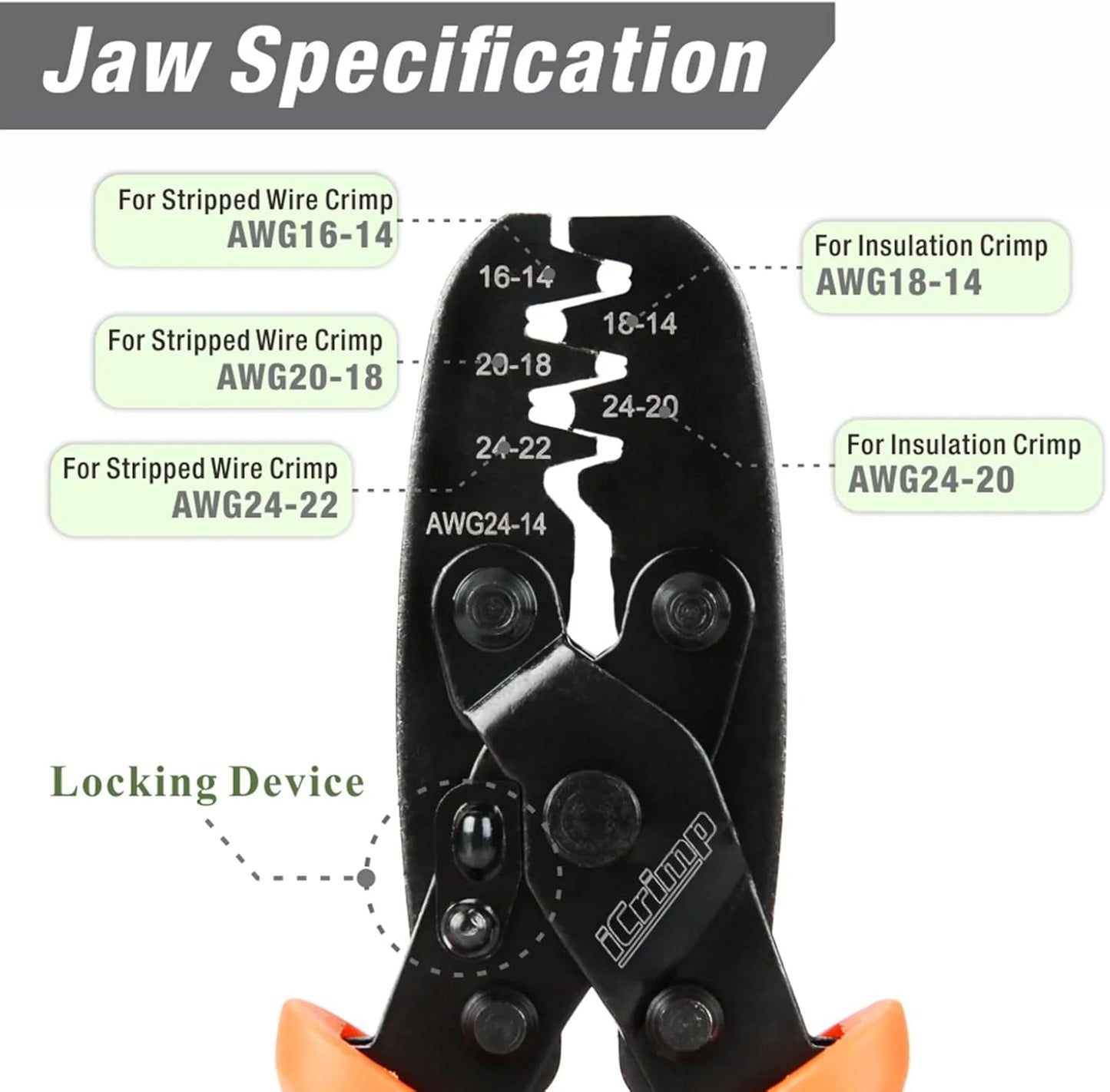 Open barrel crimper for non-insulated connectors, 24-14AWG