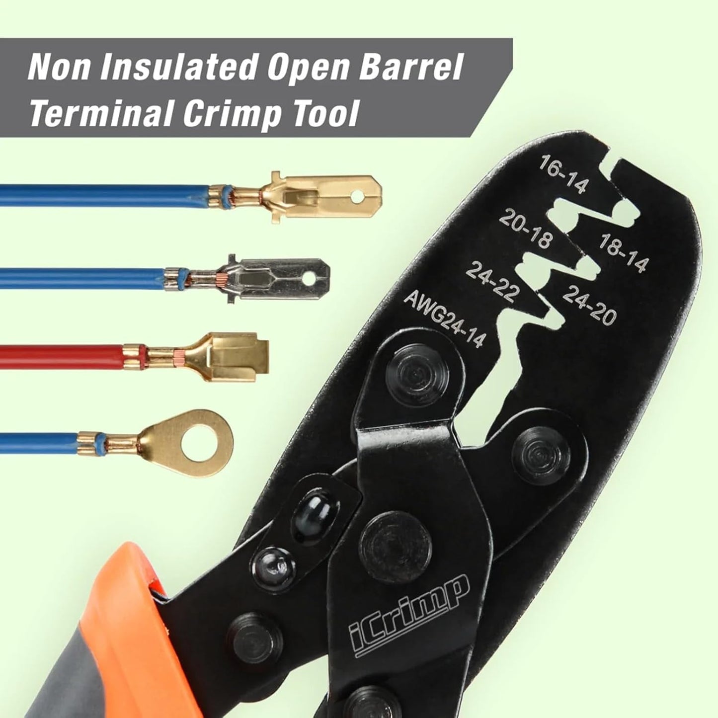 Open barrel crimper for non-insulated connectors, 24-14AWG