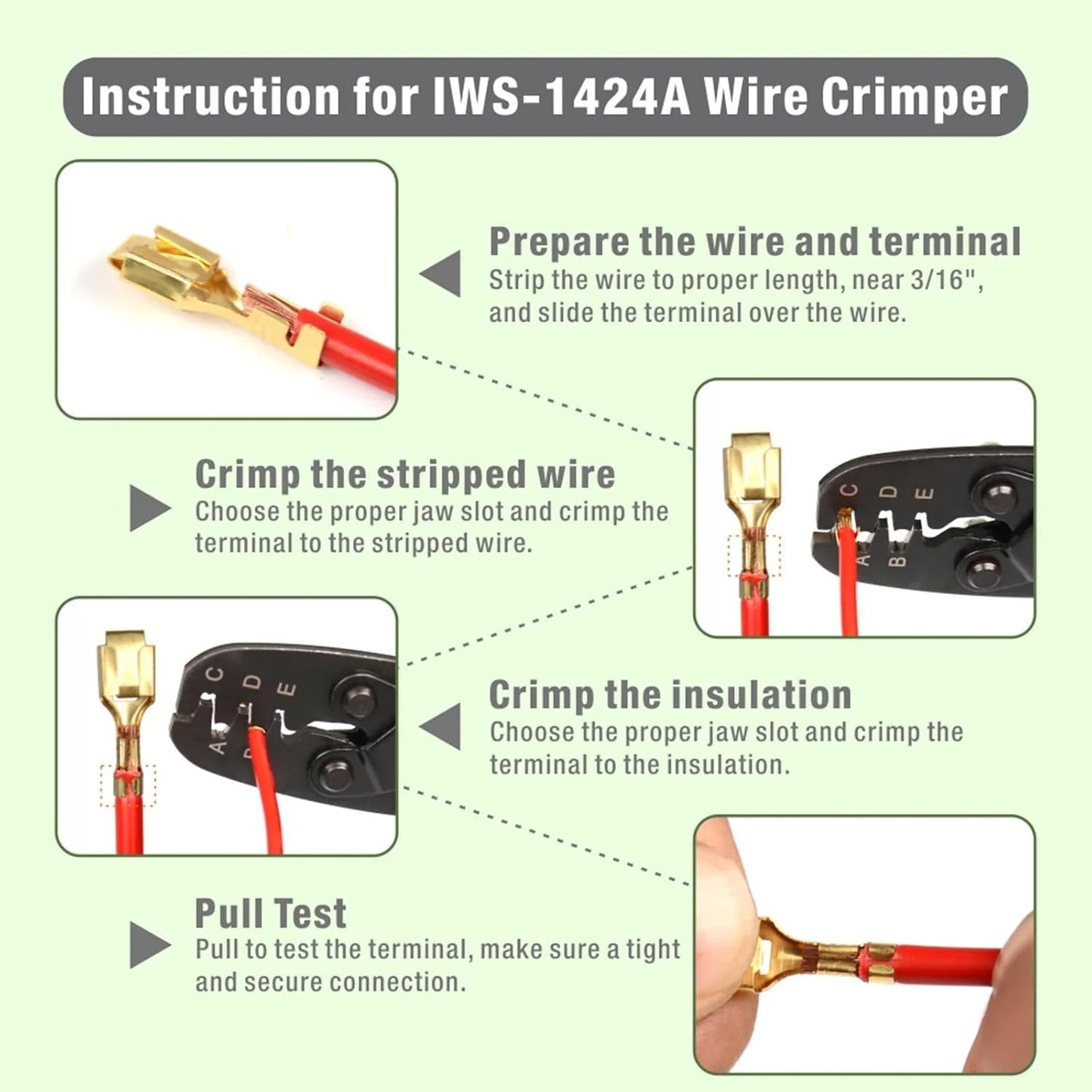Open barrel crimper for non-insulated connectors, 24-14AWG